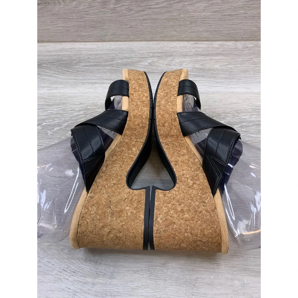 Clarks Black Leather Cork Platform Wedge Sandals Women's 8.5 Comfort Shoes